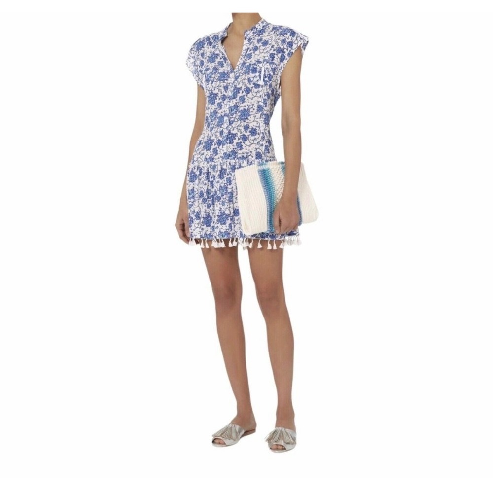 Poupette St Barth Heni Dress Womens XS Blue White Floral Fringe Mini Boho Resort
